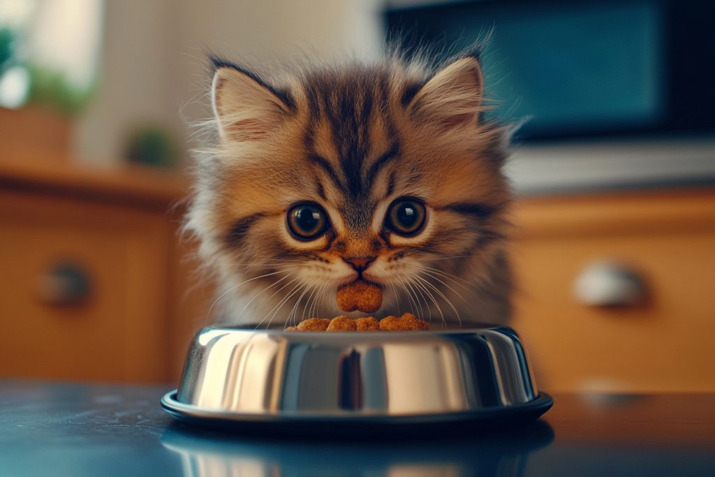 A cat eating from a stainless steel bowl
