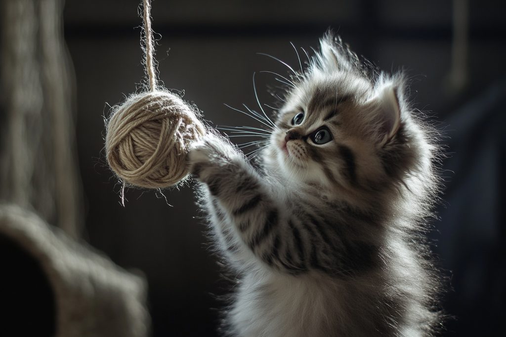 “older cat with feather toy”